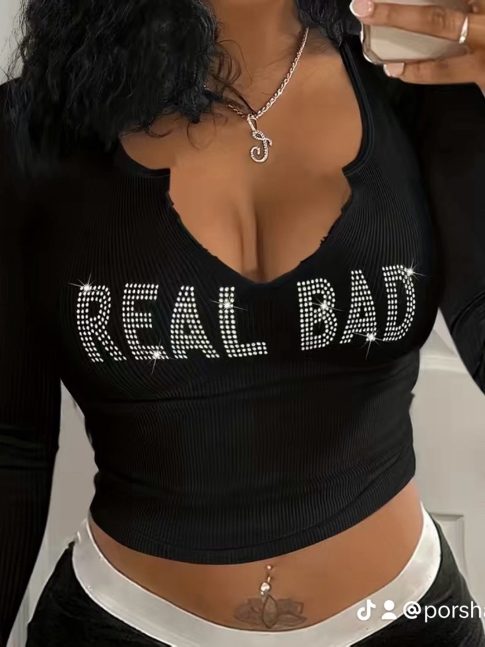 Women’s Black “Real Bad” Rhinestone Long Sleeve Crop Top